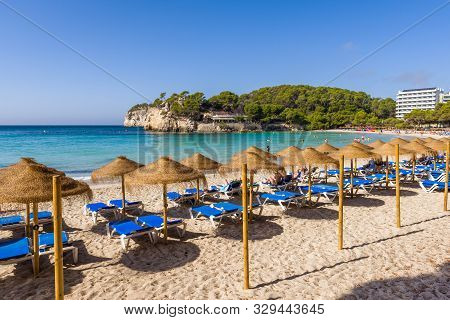 Menorca, Spain - October 14, 2019: Cala Galdana, One Of The Most Popular Beaches On The Island Of Me