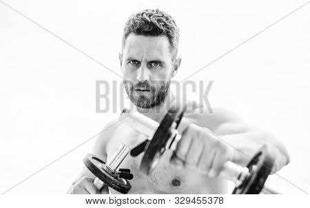 Man Sportsman Weightlifting. Steroids. Success. Perfect Biceps. Fitness And Sport Equipment. Athleti