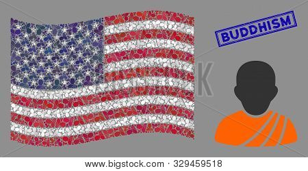 Buddhist Monk Icons Are Combined Into United States Flag Mosaic With Blue Rectangle Corroded Stamp W