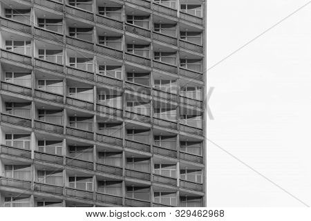 Top View Of Block Of Flats From Bottom. Standardized Apartments, Housing, Hotel. Black And White Sho