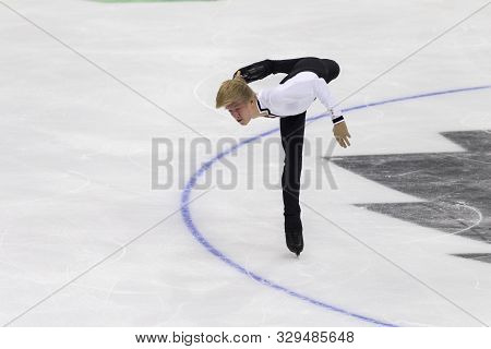 Minsk, Belarus -october 19, 2019: Figure Skater Daniel Grassl From Italy Performs Men Short Program 