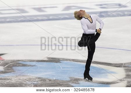 Minsk, Belarus -october 19, 2019: Figure Skater Daniel Grassl From Italy Performs Men Short Program 