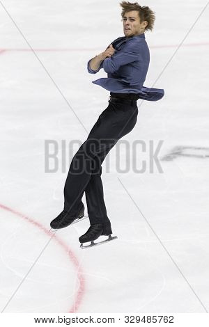 Minsk, Belarus -october 19, 2019: Figure Skater Aleksandr Selevko From Estonia Performs Men Short Pr