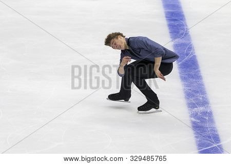 Minsk, Belarus -october 19, 2019: Figure Skater Aleksandr Selevko From Estonia Performs Men Short Pr