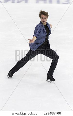 Minsk, Belarus -october 19, 2019: Figure Skater Aleksandr Selevko From Estonia Performs Men Short Pr