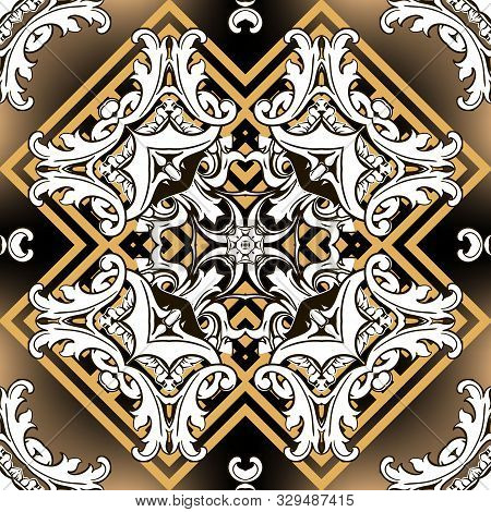 Geometric Baroque Style Vector Seamless Pattern. Greek Ornamental Glowing Background. Repeat Abstrac
