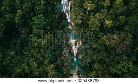 Aerial View Of Luang Prabangs Highlight, The Kuang Si Waterfalls In Laos With Surrounding Jungle