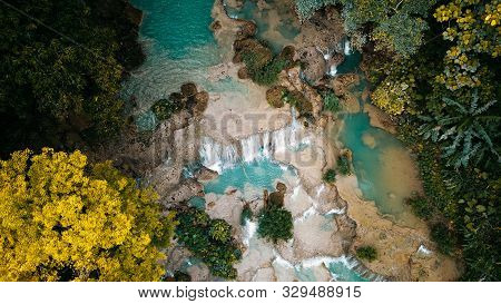 Drone Shot Of Luang Prabangs Best Attraction, Kuang Si Waterfalls In Laos, Long Exposure.