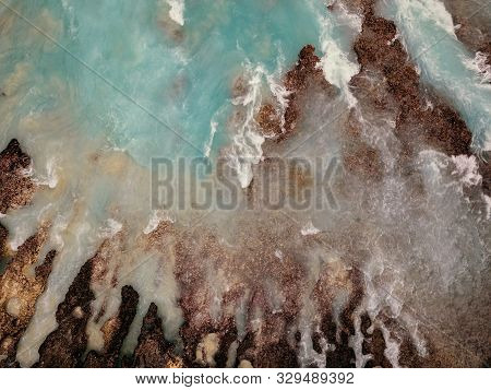 Birds Eye View Of Turquoise Water And Foam In Nusa Penida, Indonesia. Abstract Background, Drone Pho