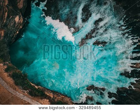 Birds Eye View Of The Broken Beach Water With Path In Nusa Penida, Indonesia. Abstract Background, D