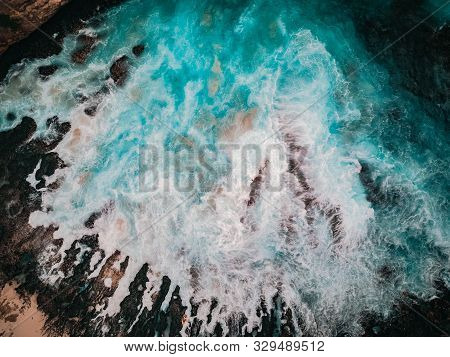 Birds Eye View Of The Broken Beach In Nusa Penida, Indonesia. Waves And Foam, Abstract Background, D