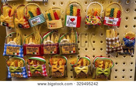 Rome, Italy - March 24, 2019 Colorful Italian Pasta Magnets Rome Italy