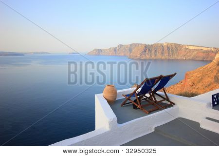 View on caldera and sea from balcony, Santorini, Greece