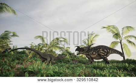 3d rendering of the dakotaraptor vs einiosaurus