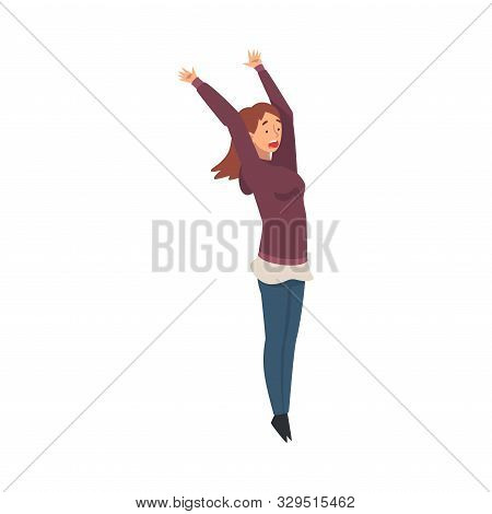 Scared And Terrified Woman With Her Hands Raised And Mouth Open, Emotional Frightened Person Charact