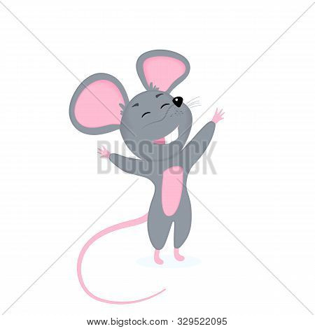 Funny Cartoon Mouse Smiles And Pulls Hugs. 2020 Year Of The Rat