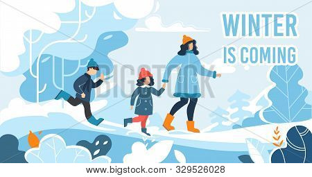 Snowy Woodland And Happy Family. Mather With Diverse Children Walking In Forest. Cartoon People Char