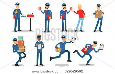 Mailman In Different Daily Postoffice Actions. Delivery Letters, Heavy Parcels And Gifts. Vector Ill