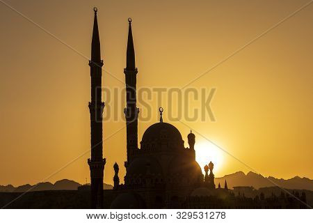 Silhouette Al-sahaba Mosque At Sunset Time In Sharm El Sheikh, Egypt. Architecture Of Al Sahaba, Al 