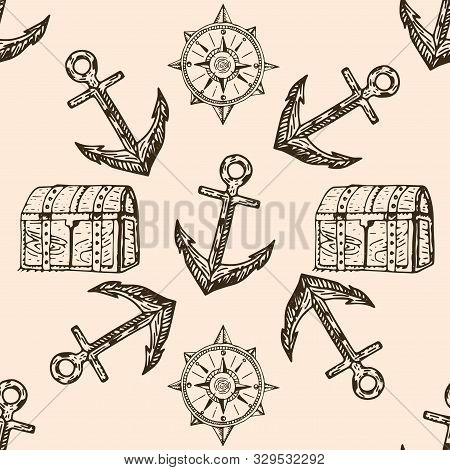 Pirates Map Doodle Pattern. Seamless Hand Drawn Background And Textures.