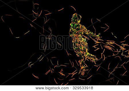 Abstract Flying Female Figure Is Wrapped Up By Branches Of Magic Plant Isolated On Black Background.