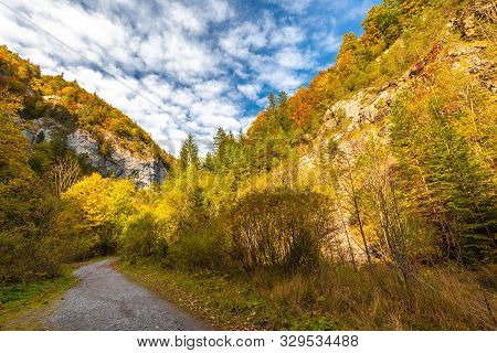Mountain Landscape In Autumn Sunny Day. Hiking Trail Through Kvacianska Valley, Slovakia, Europe.