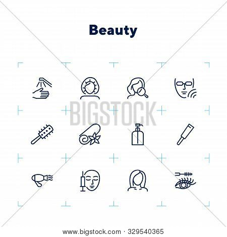 Beauty Icons. Set Of Line Icons On White Background. Electric Fan, Perfume, Meso Therapy. Cosmetolog