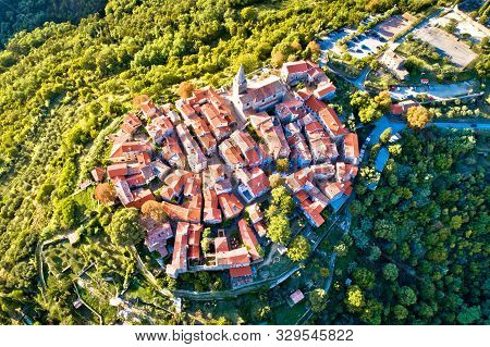 Groznjan. Ancient Hill Village Of Groznjan Aerial Panoramic View, Artist Colony In Istria Region Of 