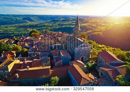 Groznjan. Ancient Hill Village Of Groznjan At Sunset Aerial View, Artist Colony In Istria Region Of 