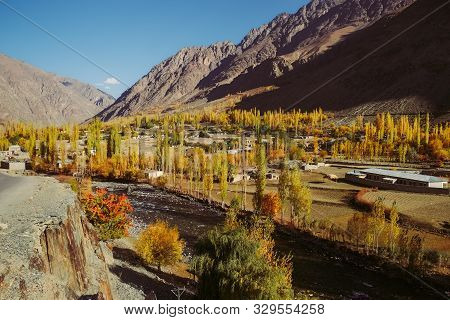 Beautiful Landscape View Of Small Village In Gupis Valley In The Morning Against Hindu Kush Mountain