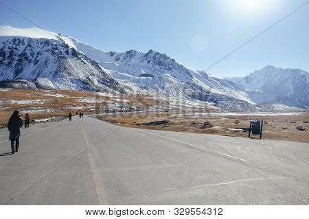 Landscape View Of Snow Capped Karakoram Mountain Range Along Karakoram Highway Paved Road At Khunjer