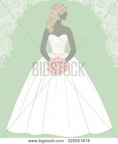 Beautiful Bride Holding A Rose Bouquet, Vector Illustration For Greeting Card, Invitation, Fliyer, B