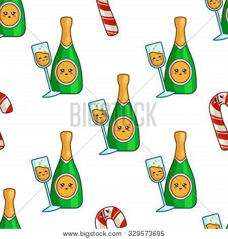 Christmas Seamless Pattern With Champagne, Celebratory Drink - Bottle Sparkling Wine, Endless Textur