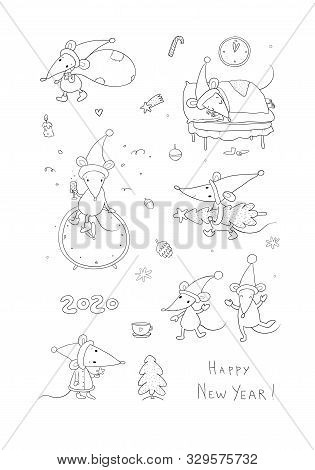 Cute Cartoon Rats. Greeting Card. Chinese Zodiac Sign Year Of Rat. New Year 2020. Animal Cartoon Cha