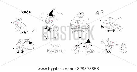 Cute Cartoon Rats. Greeting Card. Chinese Zodiac Sign Year Of Rat. New Year 2020. Animal Cartoon Cha