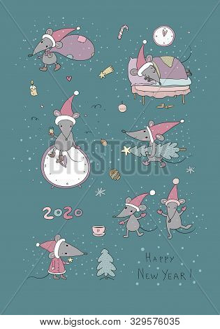 Cute Cartoon Rats. Greeting Card. Chinese Zodiac Sign Year Of Rat. New Year 2020. Animal Cartoon Cha