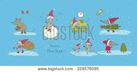 Cute Cartoon Rats. Greeting Card. Chinese Zodiac Sign Year Of Rat. New Year 2020. Animal Cartoon Cha