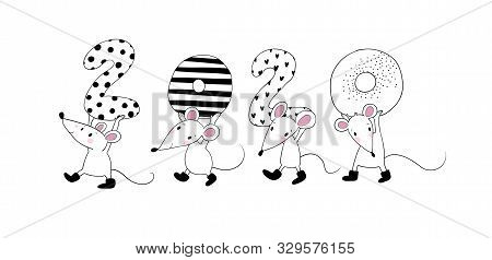 Cute Cartoon Rats. Greeting Card. Chinese Zodiac Sign Year Of Rat. New Year 2020. Animal Cartoon Cha