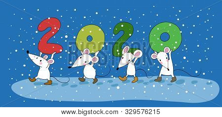 Cute Cartoon Rats. Greeting Card. Chinese Zodiac Sign Year Of Rat. New Year 2020. Animal Cartoon Cha