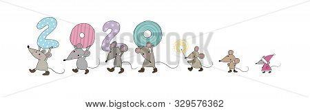 Cute Cartoon Rats. Greeting Card. Chinese Zodiac Sign Year Of Rat. New Year 2020. Animal Cartoon Cha