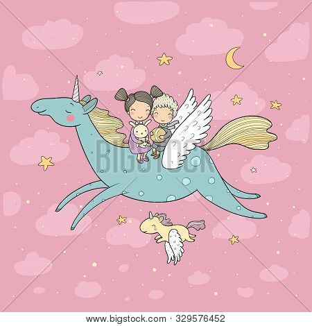 Cute Cartoon Boy And Girl And Unicorn. Kids Fly On Pegasus