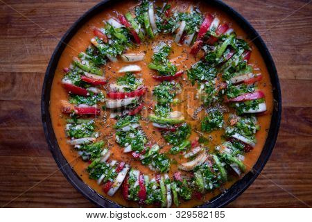 Vegetable Ratatouille In A Pan. Ratatouille In A Pan. Ratatouille In A Pan On A Wooden Stand. Vegeta