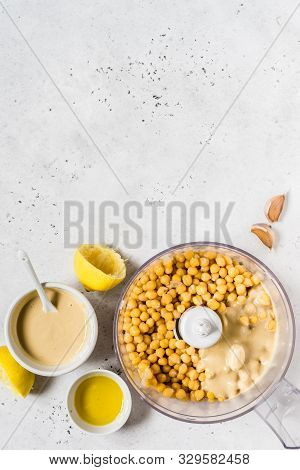 Hummus Ingredients, Houmous Being Made In A Food Processor, Copy Space For Your Text