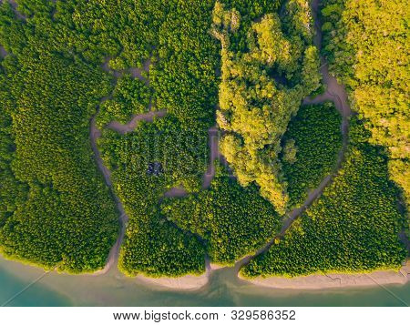 Aerial Top View Of Samet Nangshe And Tropical Green Forest Trees At Sunset With Andaman Sea In Phang