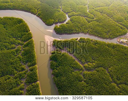 Aerial Top View Of Samet Nangshe And Tropical Green Forest Trees At Sunset With Andaman Sea In Phang