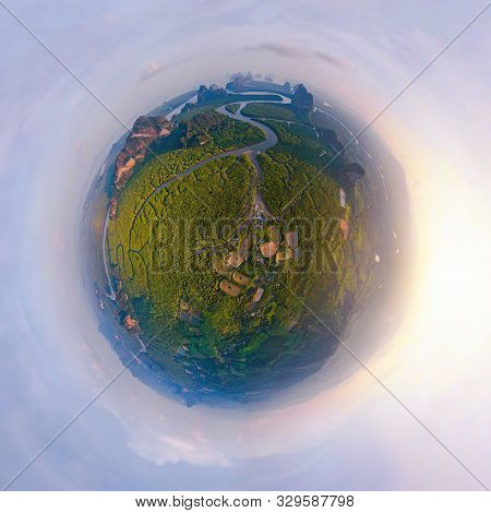 Little Planet 360 Degree Sphere. Panorama Of Aerial Top View Of Samet Nangshe And Tropical Green For