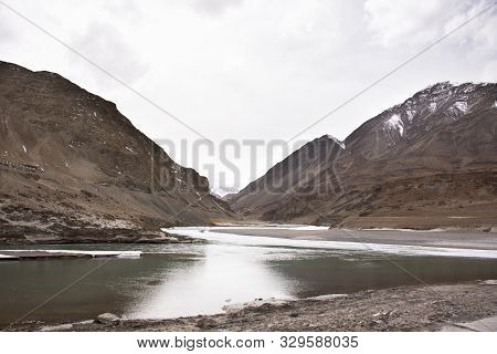 View Landscape Himalayas Range Mountain With Confluence Of The Indus And Zanskar Rivers From On Srin