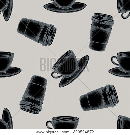 Seamless Pattern With Hand Drawn Stylized Coffee Cups, Paper Cup Stock Illustration