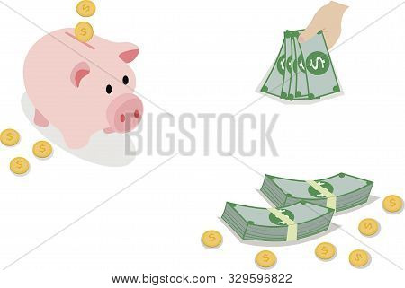 Packing In Bundles Of Bank Notes, Gold Coins. Flat Vector Cartoon Money Illustration.