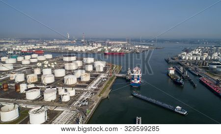 Port Of Rotterdam. Botlek. Oil Refinery Plant From Industry Zone, Aerial View Oil And Gas Industrial